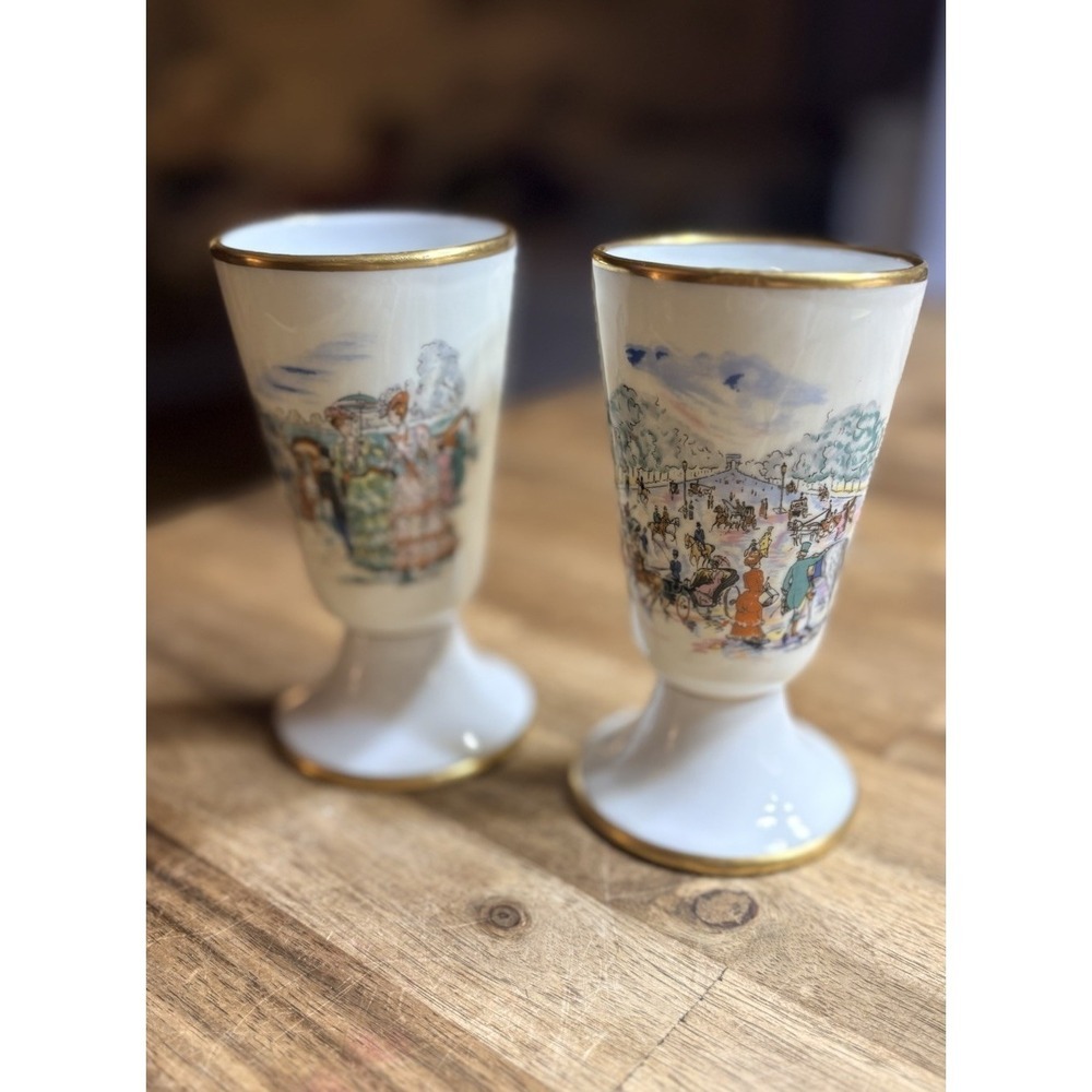 VTG Limoges France Porcelain Wine Goblet Pedestal Cup Hand Painted Floral Pair